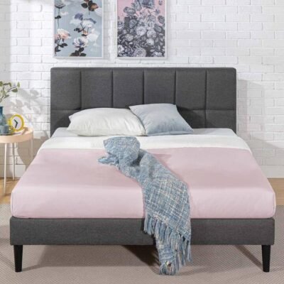 Lottie Square Stitched Upholstered Fabric Bed Frame Dark Grey Single Sleep Zone Lottie Square Stitched Upholstered Fabric Bed Frame Dark Grey Single